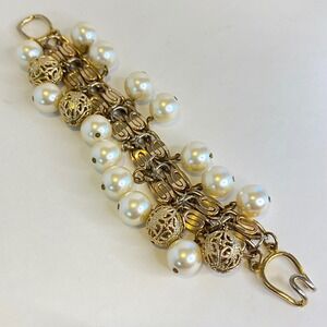 Vintage Chunky Charm Bracelet Gold Tone Bauble Faux Pearl Filigree Bead 6.5in